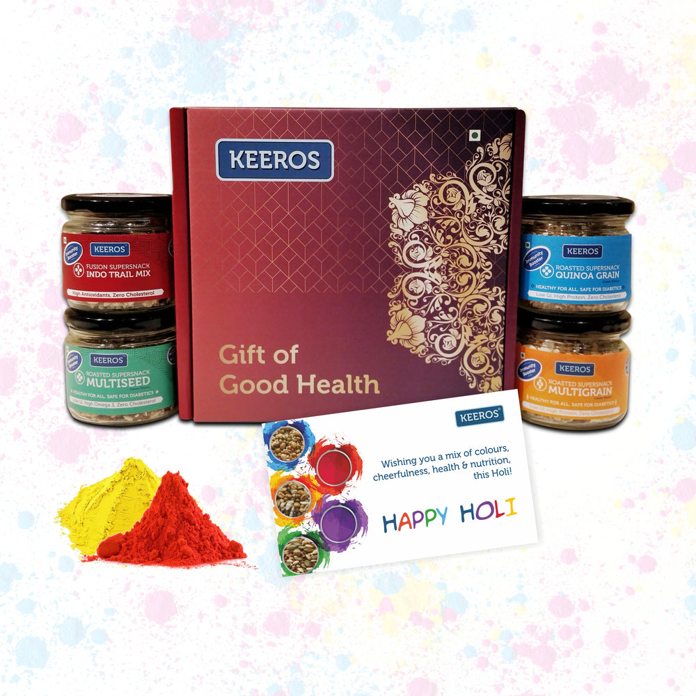 Keeros Healthy Holi Gift Hamper with Card : Combo of Sweet & Salted, Tasty & Nutritious Super Snacks in Glass Jars Packed in a Beautiful Gift Box