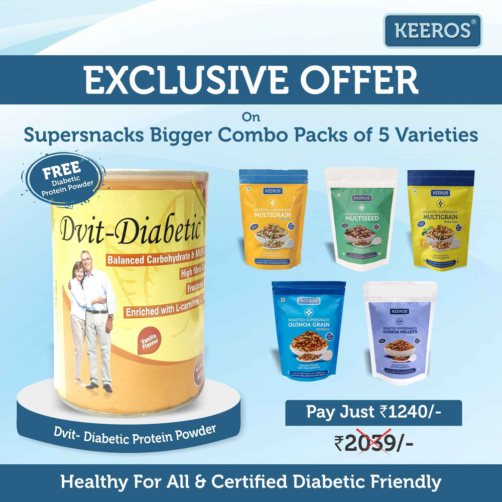 Exclusive Offer of Keeros Healthy & Diabetic Friendly Supersnacks Bigger Combo Packs of 5 varieties with a Special Bonus of 400g Protein Powder Specially Formulated for Keeros!