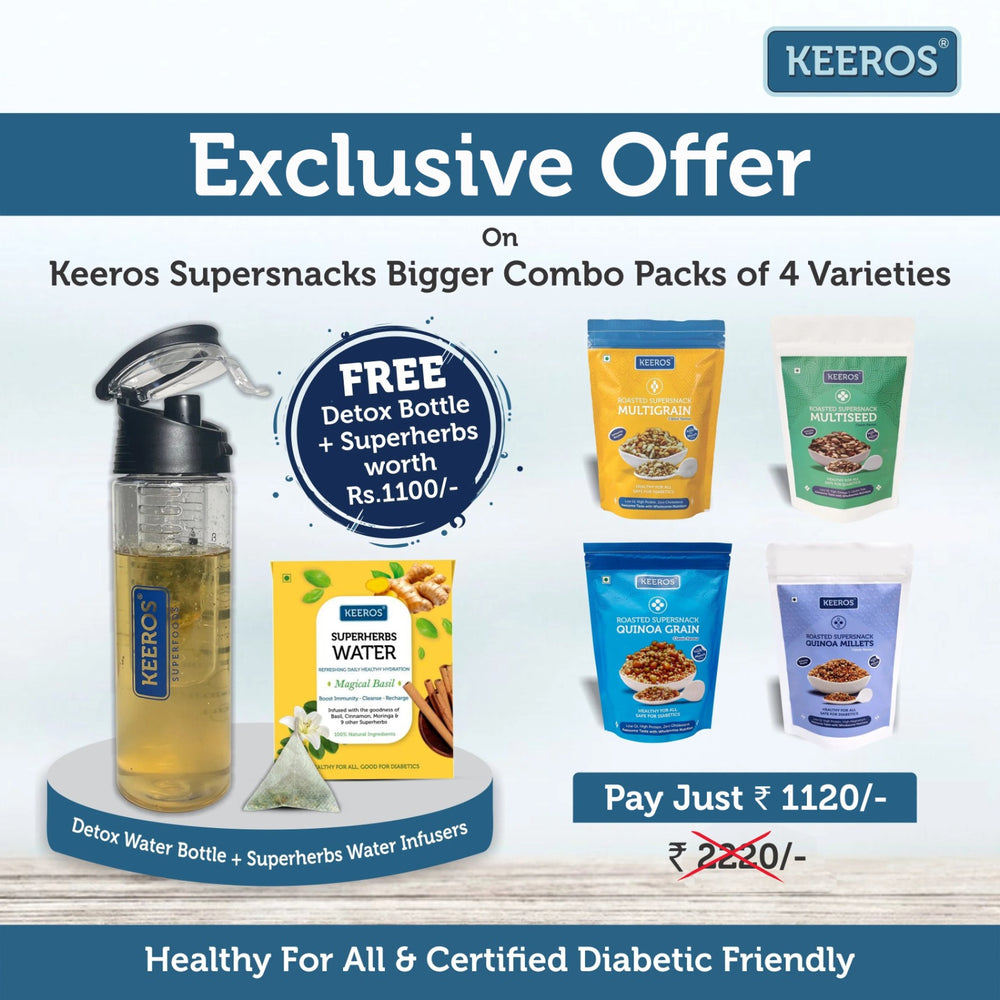 Exclusive Offer on Keeros Healthy & Diabetic Friendly Super Snacks Bigger Combo Packs of 4 Varieties & Get FREE Detox Water Bottle with Superherbs Water Infusers