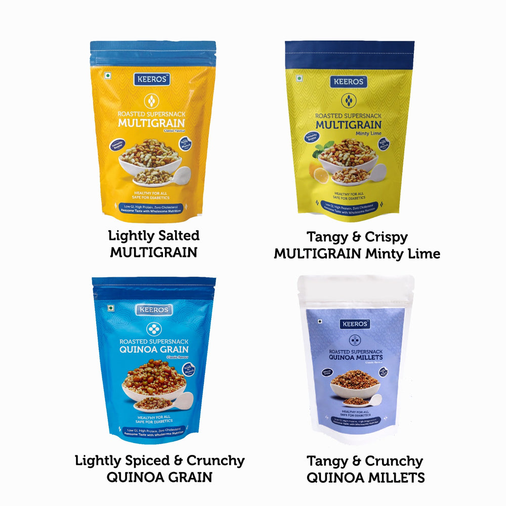 Keeros Super Snacks Combo of 4 varieties of Namkeens (savouries)| Healthy & Certified Diabetic Friendly |Tangy & Crunchy, Tasty & Nutritious | Daily Dose of Health with Fibre, Protein & Minerals| Nationwide Delivery, COD available