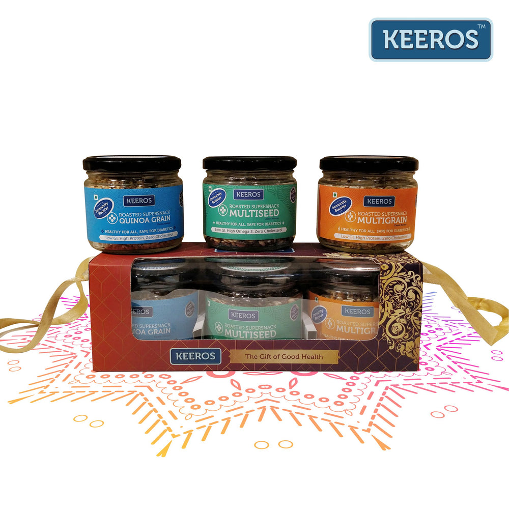 Keeros Healthy Gift Hamper for Birthday/Anniversary/Get Well Soon with Wishes Card |Variety of Sweet & Salted, Tasty & Nutritious Roasted Super Snacks in Beautiful Glass Jars Packed in a Premium Gift Hamper