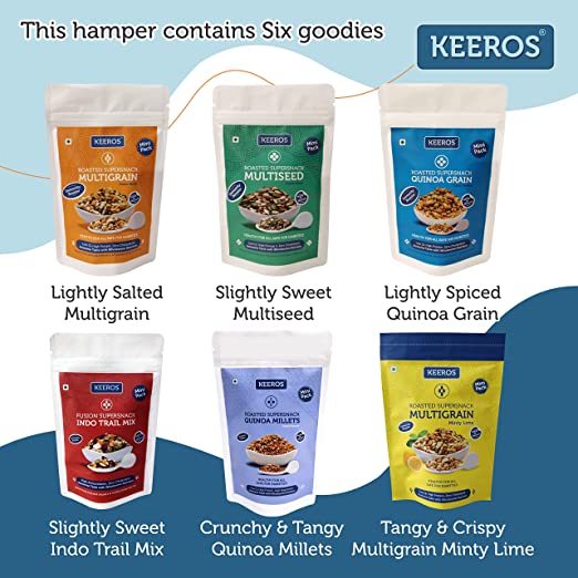 
                  
                    Load image into Gallery viewer, Keeros Healthy Holi Gift Hamper with Card : Combo of Sweet &amp;amp; Salted,Tasty &amp;amp; Nutritious Snacks in a Classy Premium Gift Box | 6 Varieties of Healthy Snack Pouches of 35g to 50g
                  
                