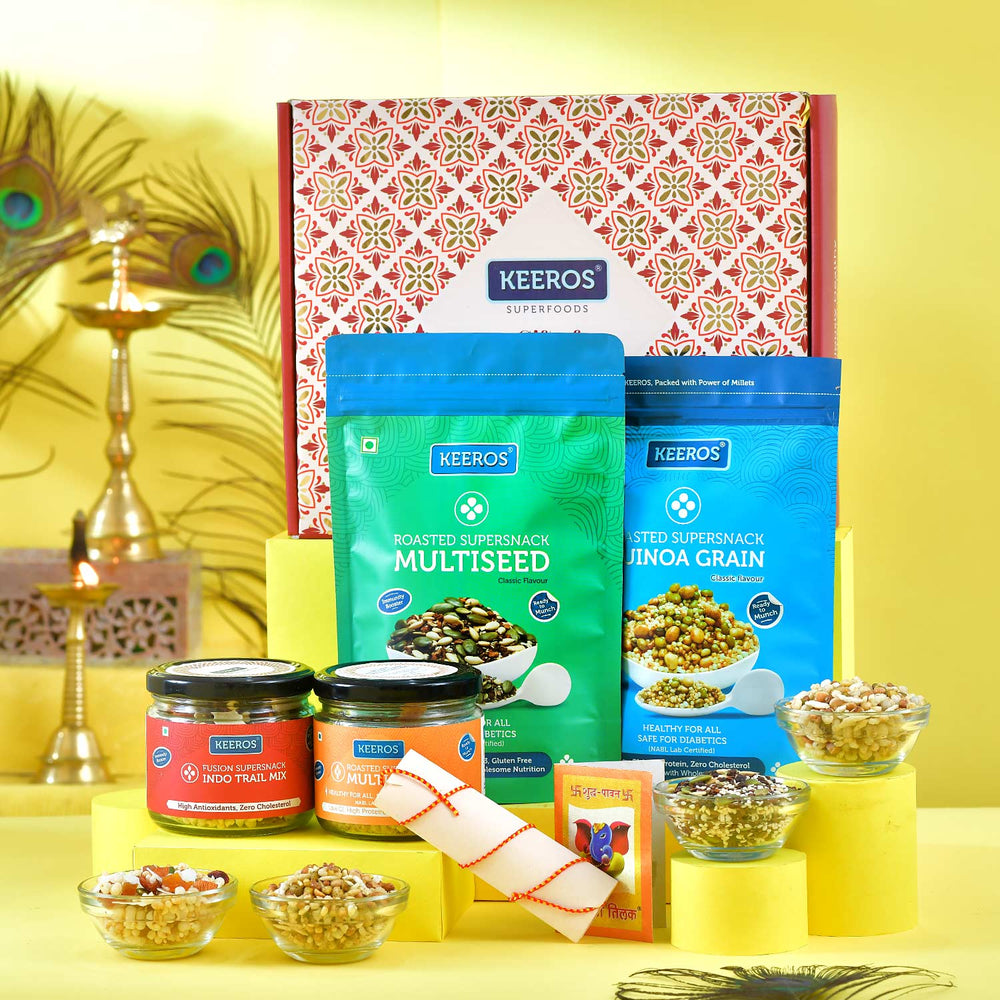 Keeros Healthy Bhai Dooj Snacks Gift Box for Brother with Rakhi Roli Chandan Tikka Chawal Mishri Pack | Combo of Sweet & Salted, Tasty & Nutritious Roasted Super Snacks in Beautiful Premium Gift Pack | Combo of 4 Healthy Super Snacks