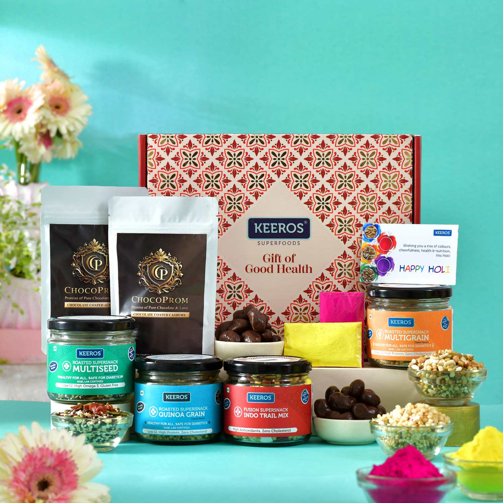 Healthy Holi Gift Hamper | Combo of Sweet & Salted, Tasty & Nutritious Snacks Jars & Chocolate Coated Nuts Packs in a Premium Gift Pack for Holi