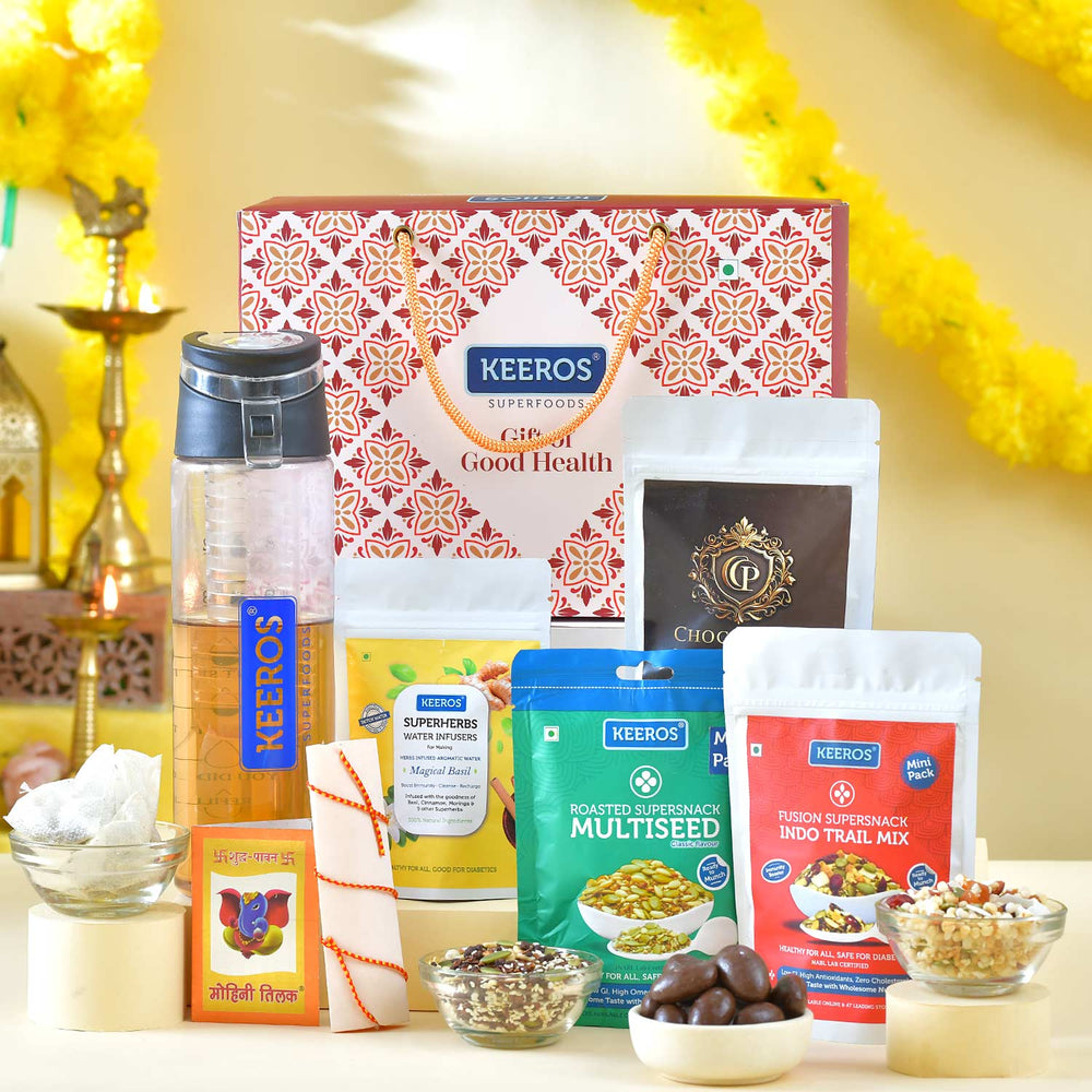 Keeros Healthy Bhai Dooj Gift Hamper: Detox Water Bottle and Superherbs Infuser Bundle with Indo Trail mix Snacks  & Chocolate Coated Nuts | Perfect Bhai Dooj Gift in a Premium Box