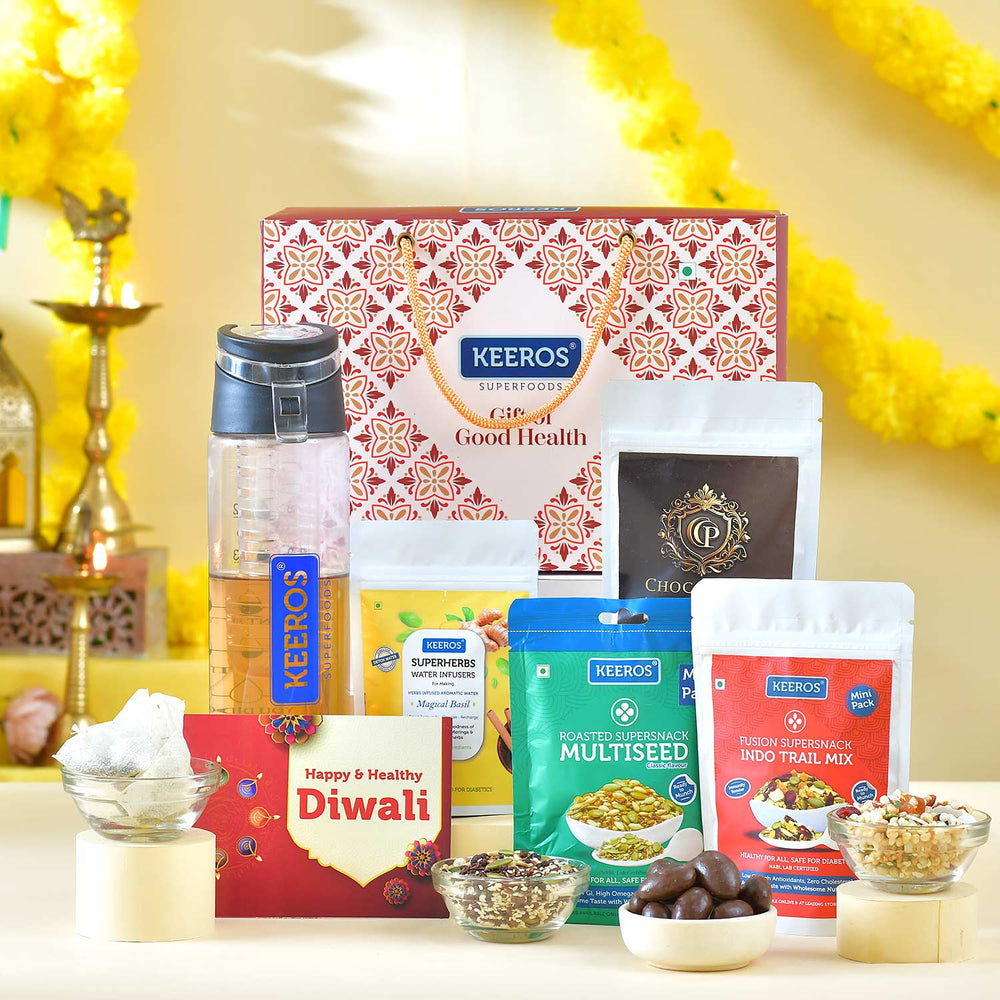 Keeros Healthy Diwali Gift Hamper: Detox Water Bottle and Superherbs Infuser Bundle with Indo Trail mix Snacks  & Chocolate Coated Nuts | Perfect Diwali Gift for Friends & Family in a Premium Box