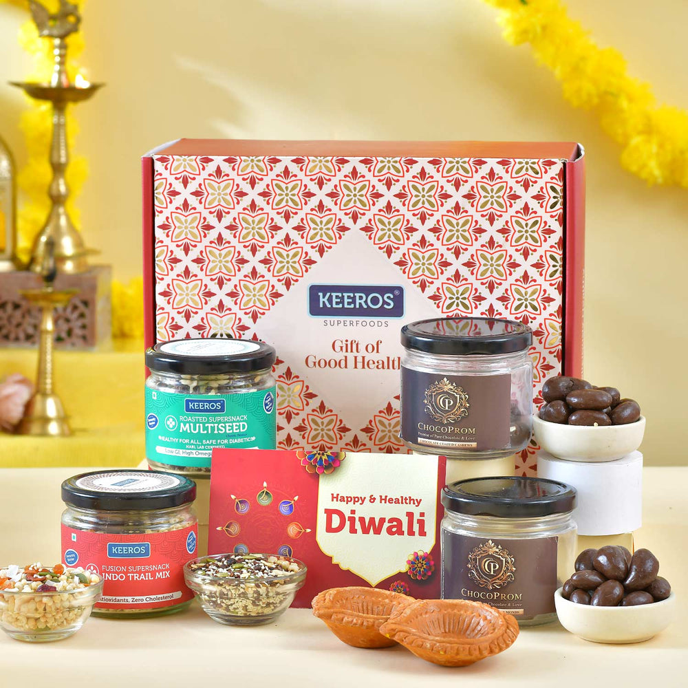 Keeros Healthy Diwali Sweet Gift Hamper with a variety of Chocolate Coated Almond, Cashew & Tasty & Nutritious Super Snacks in Beautiful Glass Jars Packed in Premium Gift Hamper