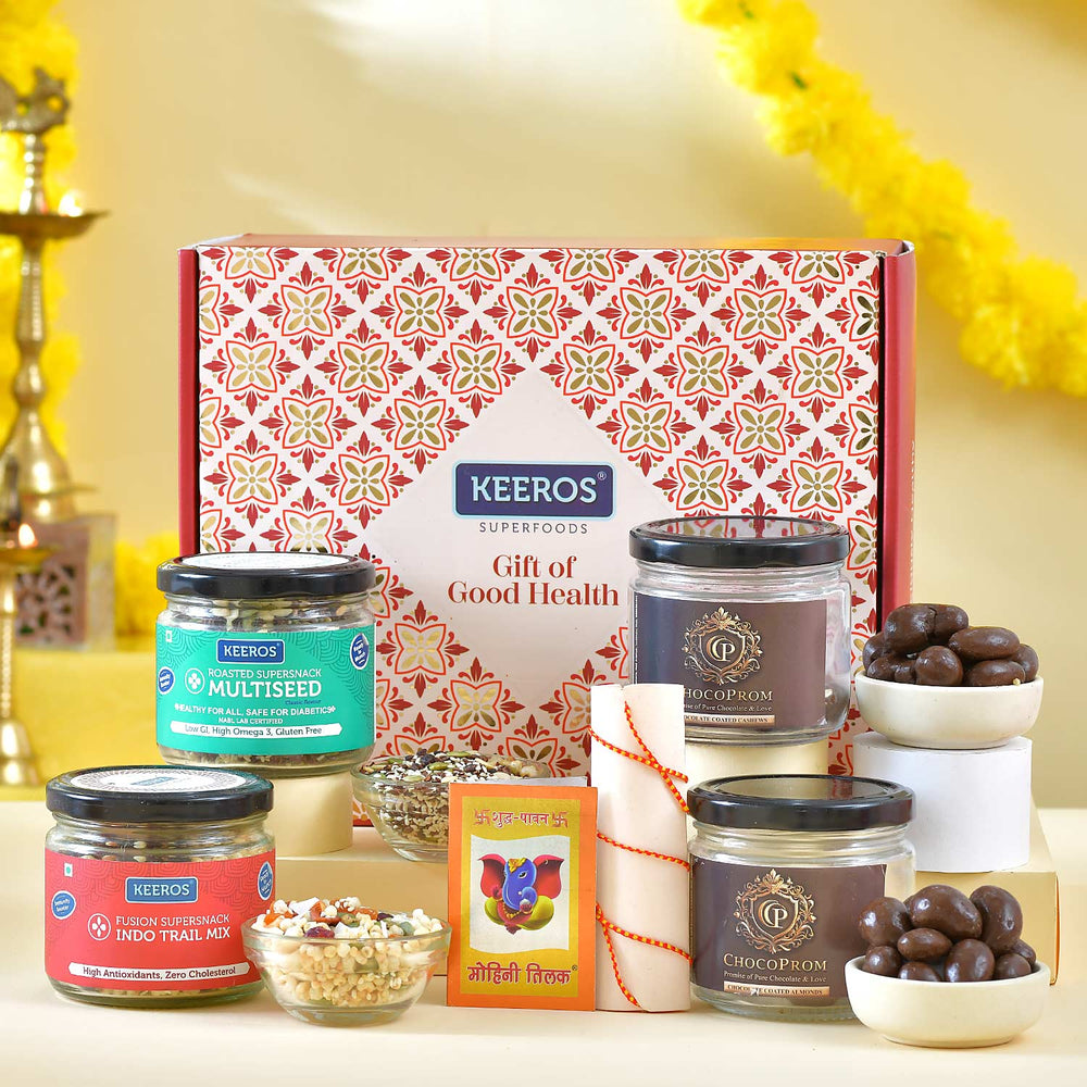 Keeros Healthy Bhai Dooj Gift Hamper with a variety of Chocolate Coated Almond, Cashew & Tasty & Nutritious Super Snacks in Beautiful Glass Jars Packed in Premium Gift Hamper | Healthy Bhai Dooj Gift for your Brother with Tikka Pack