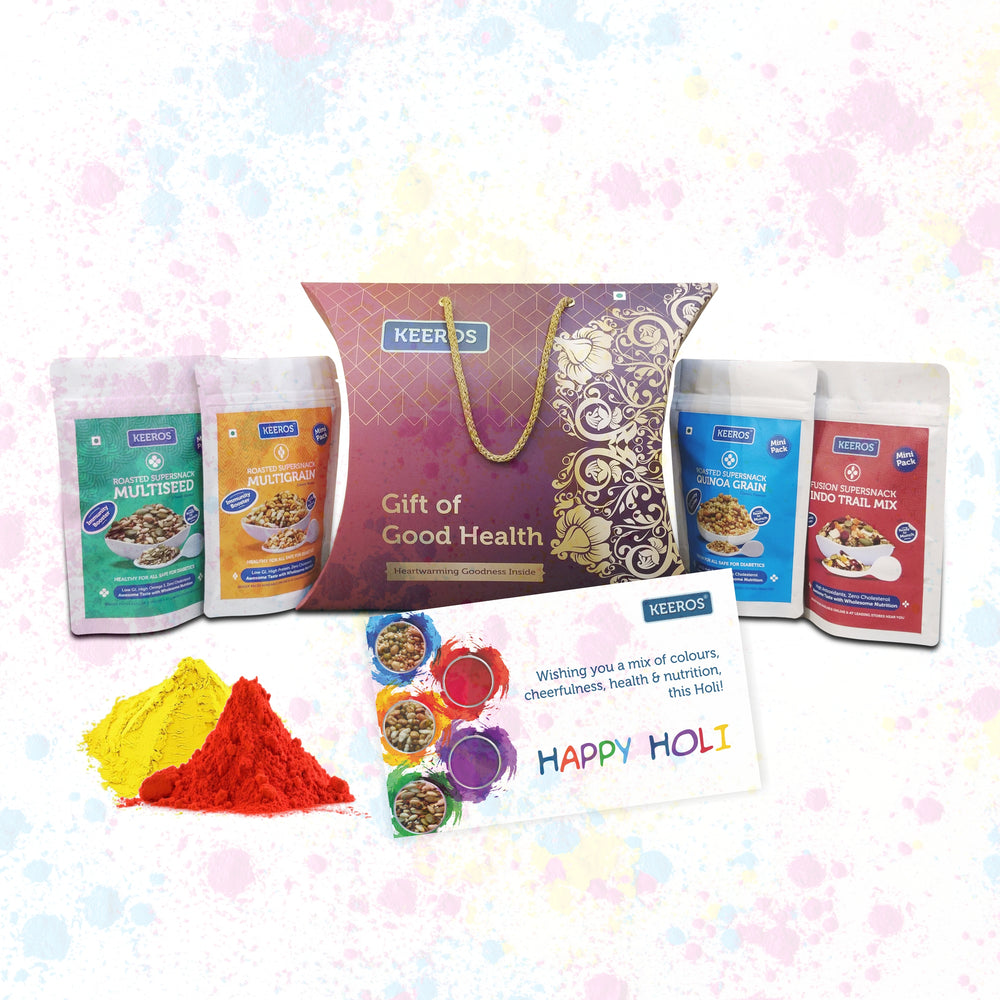 Keeros Healthy Holi Gift Hamper with Card : Combo of Sweet & Salted,Tasty & Nutritious Snacks in a Classy Premium Gift Box | 4 Healthy Snack Pouches of 35g to 50g