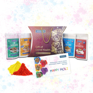 
                  
                    Load image into Gallery viewer, Keeros Healthy Holi Gift Hamper with Card : Combo of Sweet &amp;amp; Salted,Tasty &amp;amp; Nutritious Snacks in a Classy Premium Gift Box | 4 Healthy Snack Pouches of 35g to 50g
                  
                