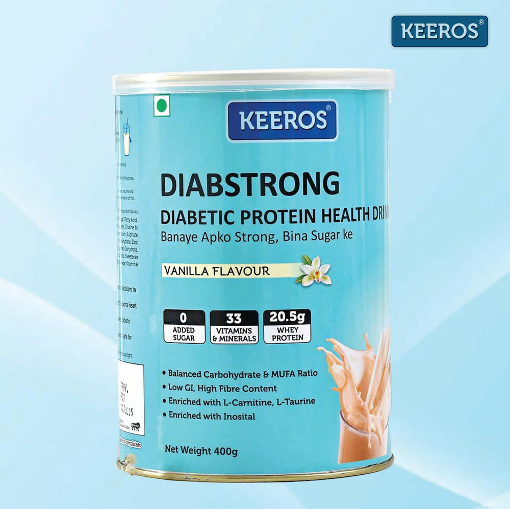 Keeros DiabStrong Diabetic Protein Nutrition Drink 400g - Vanilla Flavor | Diabetic Friendly, High Fiber, Balanced Carbohydrate & MUFA | General Health Benefits with DHA | Nutrient-Rich Supplement for Overall Wellness