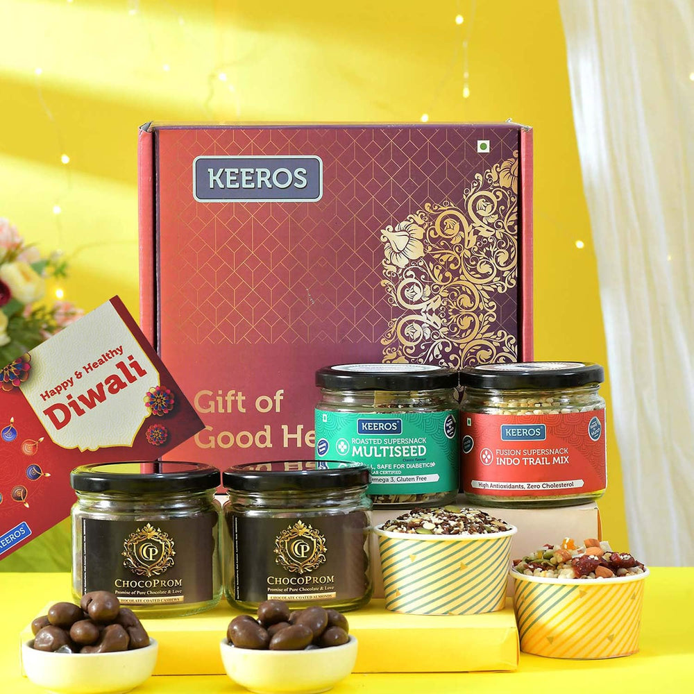 Keeros Healthy Diwali Sweet Gift Hamper with a variety of Chocolate Coated Almond, Cashew & Tasty & Nutritious Super Snacks in Beautiful Glass Jars Packed in Premium Gift Hamper |