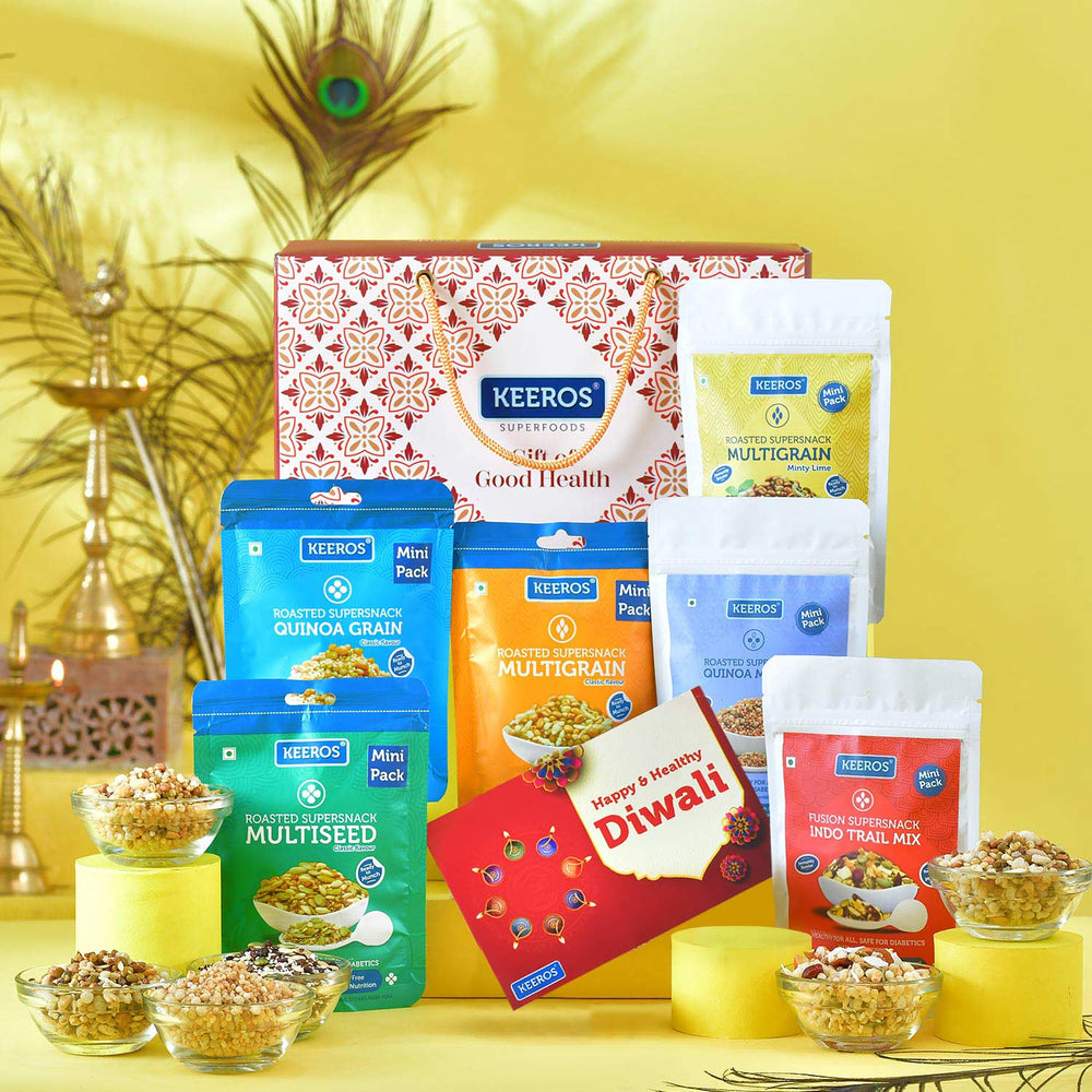 Keeros Healthy Diwali Gift Hamper with Card : Combo of Sweet & Salted,Tasty & Nutritious Snacks in a Classy Premium Gift Box | 6 Varieties of Healthy Snack Pouches of 35g to 50g