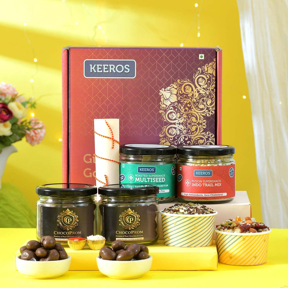 Keeros Bhaidooj Gift Hamper for Brother with Chocolate-Coated Almonds & Cashews, Tasty & Crunchy Supersnacks| Nutritious Superfoods in a Bhaidooj Gift Hamper | Ideal for Healthy Gifting