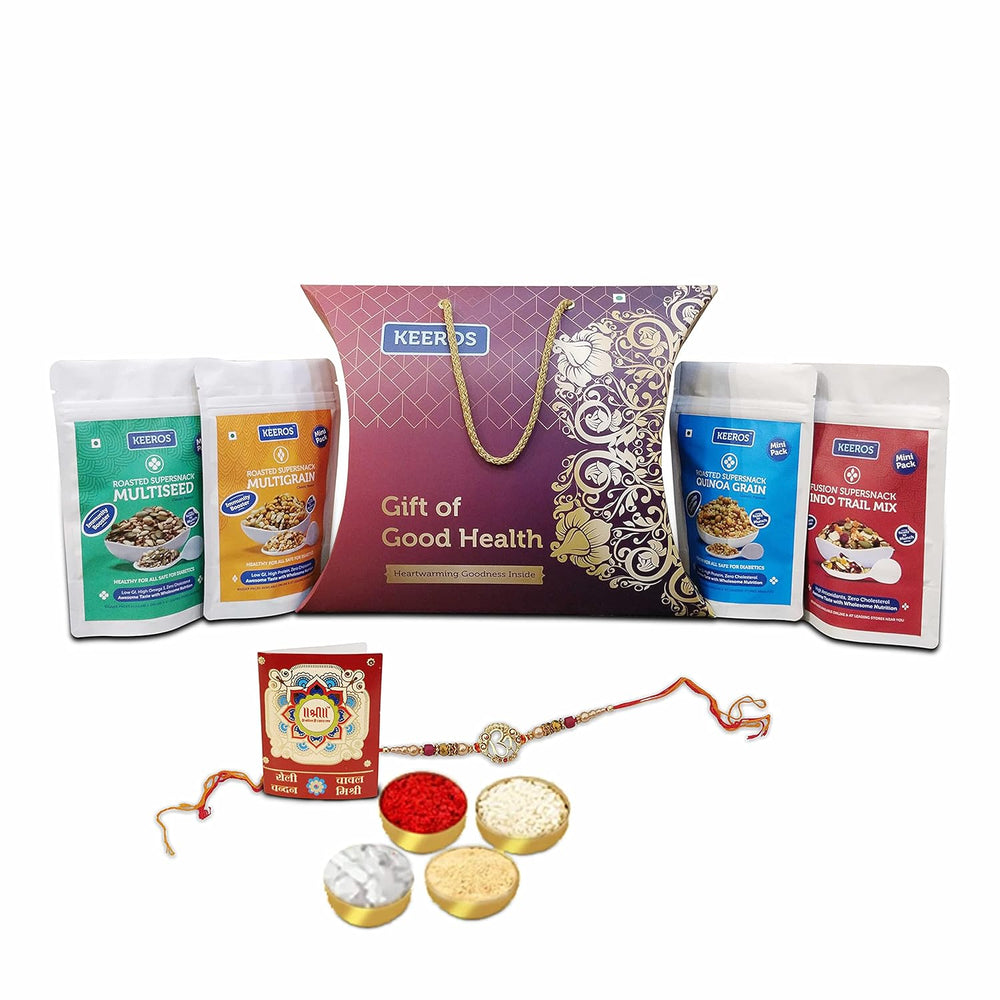 Keeros Healthy Rakhi Gift Hamper with Brother/Sister with Rakhi Roli Chandan Tikka Chawal Mishri : Combo of Sweet & Salted,Tasty & Nutritious Snacks in a Classy Premium Gift Box | 4 Healthy Snack Pouches of 35g to 50g