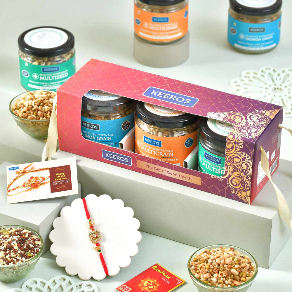 Keeros Healthy Rakshabandhan Gift Hamper of 3 Supersnack Jars  | Combo of Sweet & Salted, Tasty & Nutritious Super Snacks in Glass Jars Packed in a Beautiful Gift Hamper