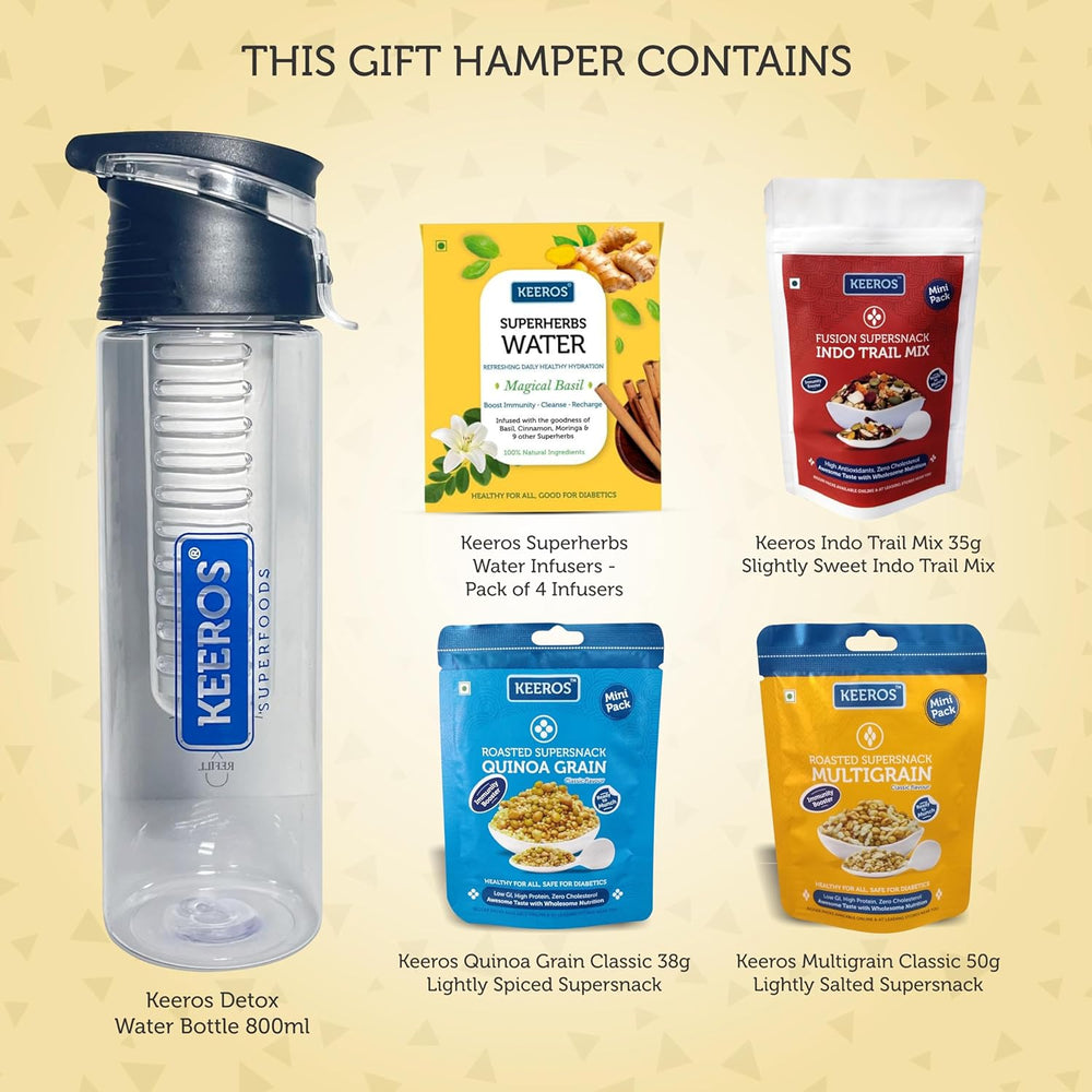 
                  
                    Load image into Gallery viewer, Keeros Healthy Diwali Gift Items: Detox Water Bottle and Superherbs Infuser Bundle with Indo Trailmix Snacks| Perfect Diwali Gifts for Friends &amp;amp; Family in a Premium Box (Dbottle+3 Snacks)
                  
                