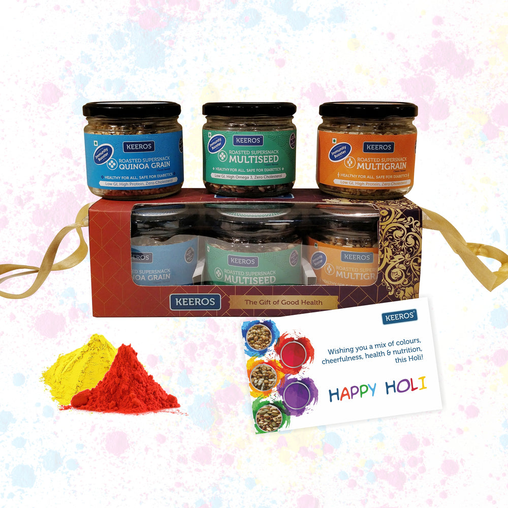 Keeros Healthy Holi Gift Hamper with Card : Combo of Sweet & Salted, Tasty & Nutritious Super Snacks in Glass Jars Packed in a Premium Gift Box