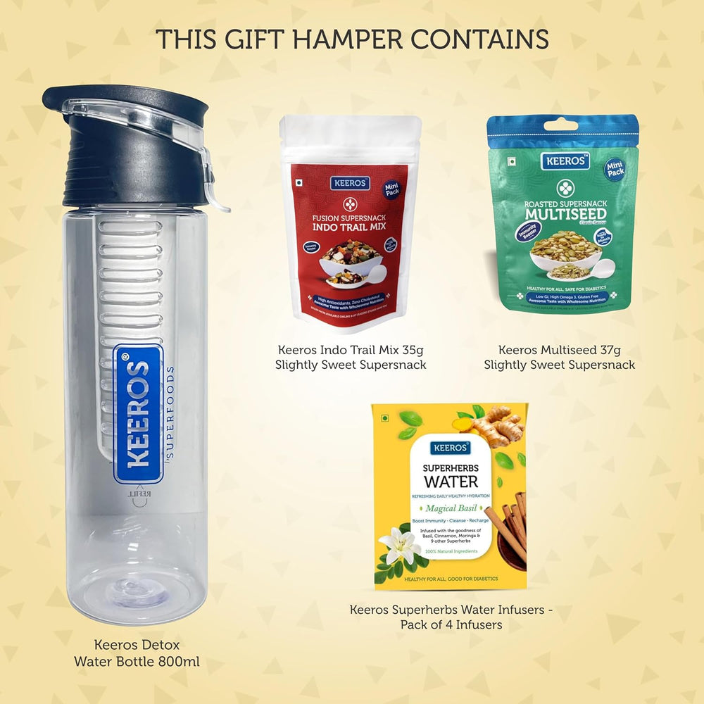 
                  
                    Load image into Gallery viewer, Keeros Healthy Diwali Gift Items: Detox Water Bottle and Superherbs Infuser Bundle with Indo Trailmix Snacks| Perfect Diwali Gifts for Friends &amp;amp; Family in a Premium Box (Dbottle+SHW4+2 Sweet MP)
                  
                
