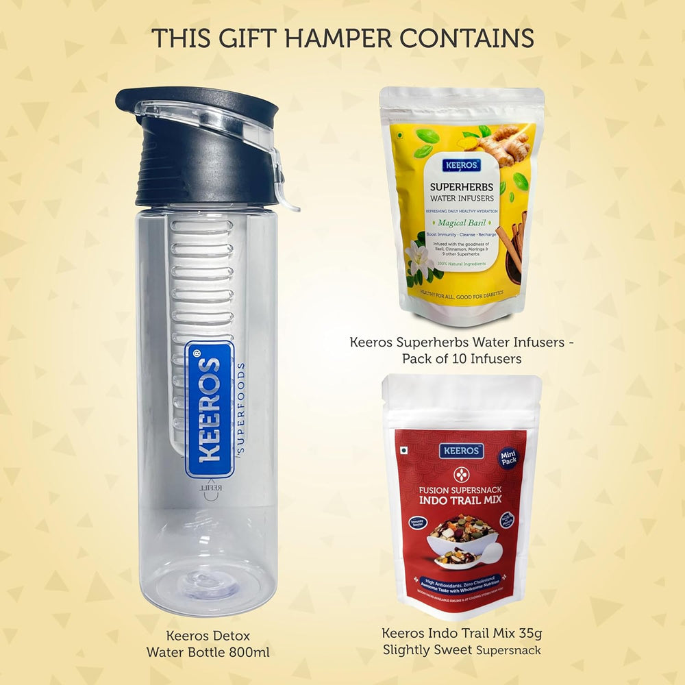 
                  
                    Load image into Gallery viewer, Keeros Healthy Diwali Gift Items: Detox Water Bottle and Superherbs Infuser Bundle with Indo Trailmix Snacks| Perfect Diwali Gifts for Friends &amp;amp; Family in a Premium Box (Dbottle+SHW10+TMMP)
                  
                