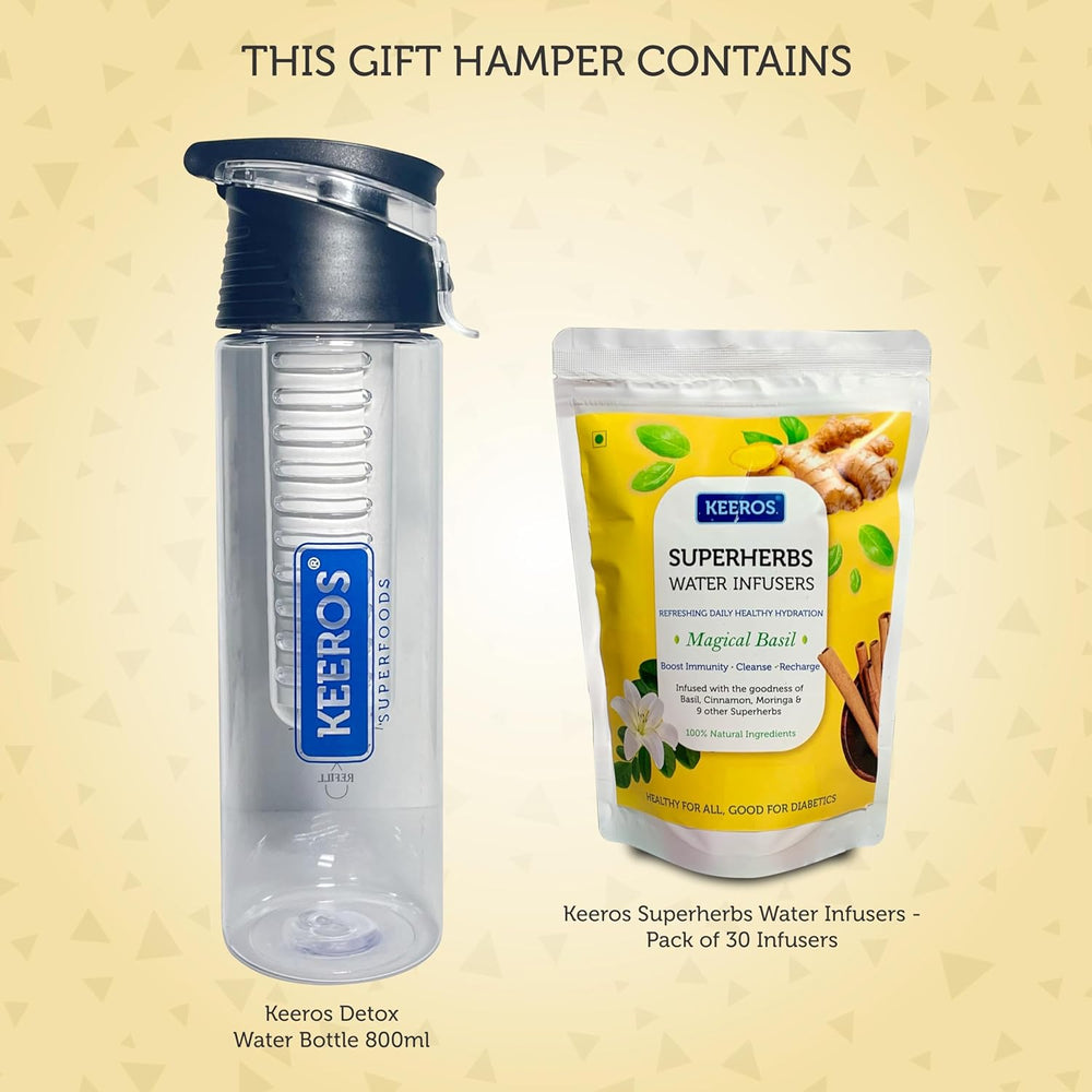 
                  
                    Load image into Gallery viewer, Keeros Healthy Bhai Dooj Gift Hamper: Detox Water Bottle and Superherbs Infuser Bundle with Tikka Pack| Perfect Bhai Dooj Gifts for Friends &amp;amp; Family in a Premium Box
                  
                