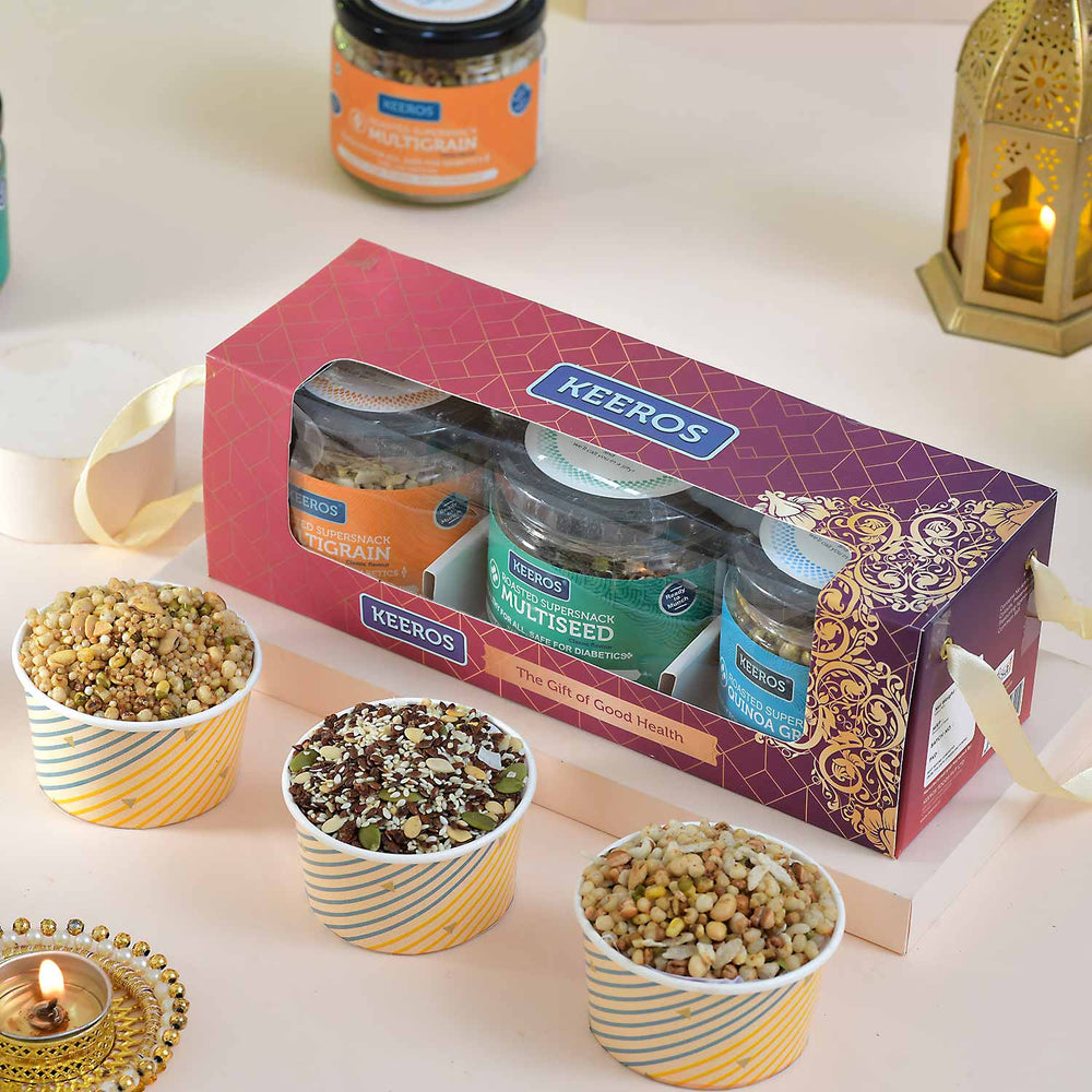 Keeros Healthy Gift Hamper for Birthday/Anniversary/Get Well Soon with Wishes Card |Variety of Sweet & Salted, Tasty & Nutritious Roasted Super Snacks in Beautiful Glass Jars Packed in a Premium Gift Hamper