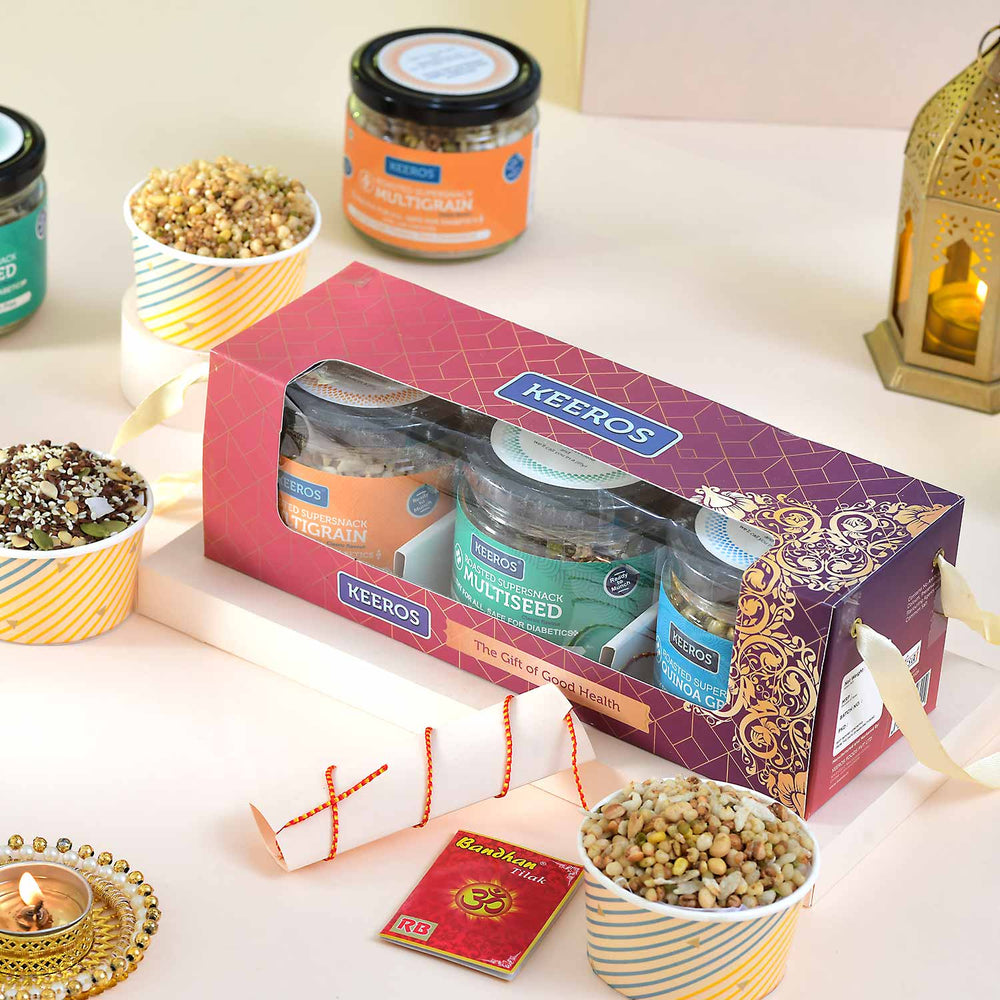 Keeros Healthy Bhai Dooj Gift Hamper of 3 Supersnack Jars  | Combo of Sweet & Salted, Tasty & Nutritious Super Snacks in Glass Jars Packed in a Beautiful Gift Hamper