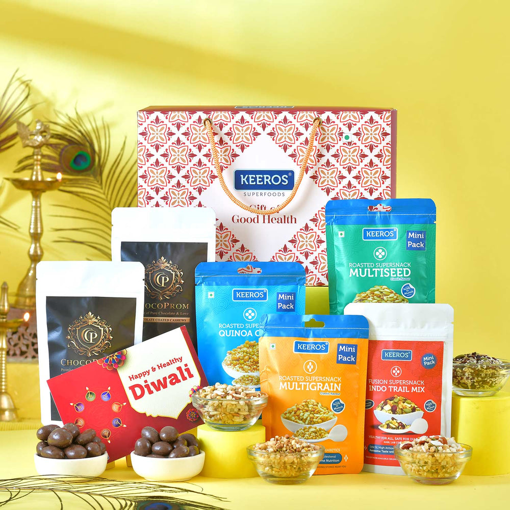 Keeros Diwali Gift Hamper with Chocolate-Coated Almonds & Cashews, Tasty & Crunchy Supersnacks| Nutritious Superfoods in a Diwali Gift Hamper | Ideal for Healthy Snacking