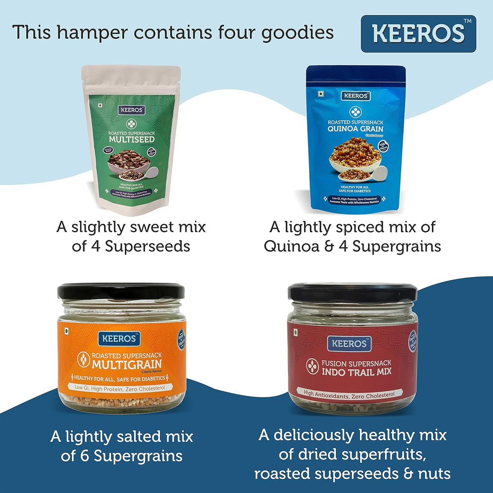 
                  
                    Load image into Gallery viewer, Keeros Healthy Snacks Gift for Holi with Card : Combo of Sweet &amp;amp; Salted, Tasty &amp;amp; Nutritious Roasted Super Snacks in Beautiful Premium Gift Box | Combo of 4 Healthy Super Snacks
                  
                