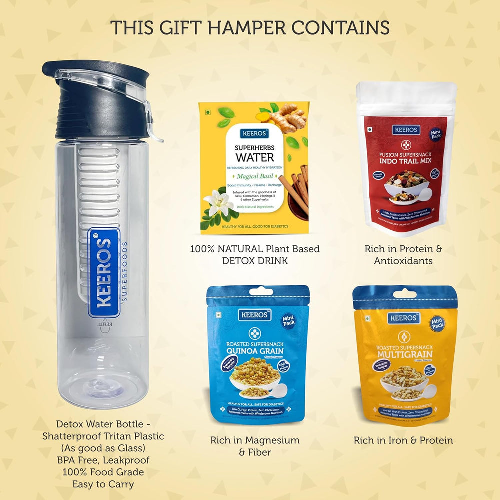 
                  
                    Load image into Gallery viewer, Keeros Healthy Bhai Dooj Gift Items: Detox Water Bottle and Superherbs Infuser Bundle with Indo Trailmix Snacks| Perfect Diwali Gifts for Friends &amp;amp; Family in a Premium Box (Dbottle+3 Snacks)
                  
                