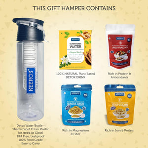 
                  
                    Load image into Gallery viewer, Keeros Healthy Diwali Gift Items: Detox Water Bottle and Superherbs Infuser Bundle with Indo Trailmix Snacks| Perfect Diwali Gifts for Friends &amp;amp; Family in a Premium Box (Dbottle+3 Snacks)
                  
                