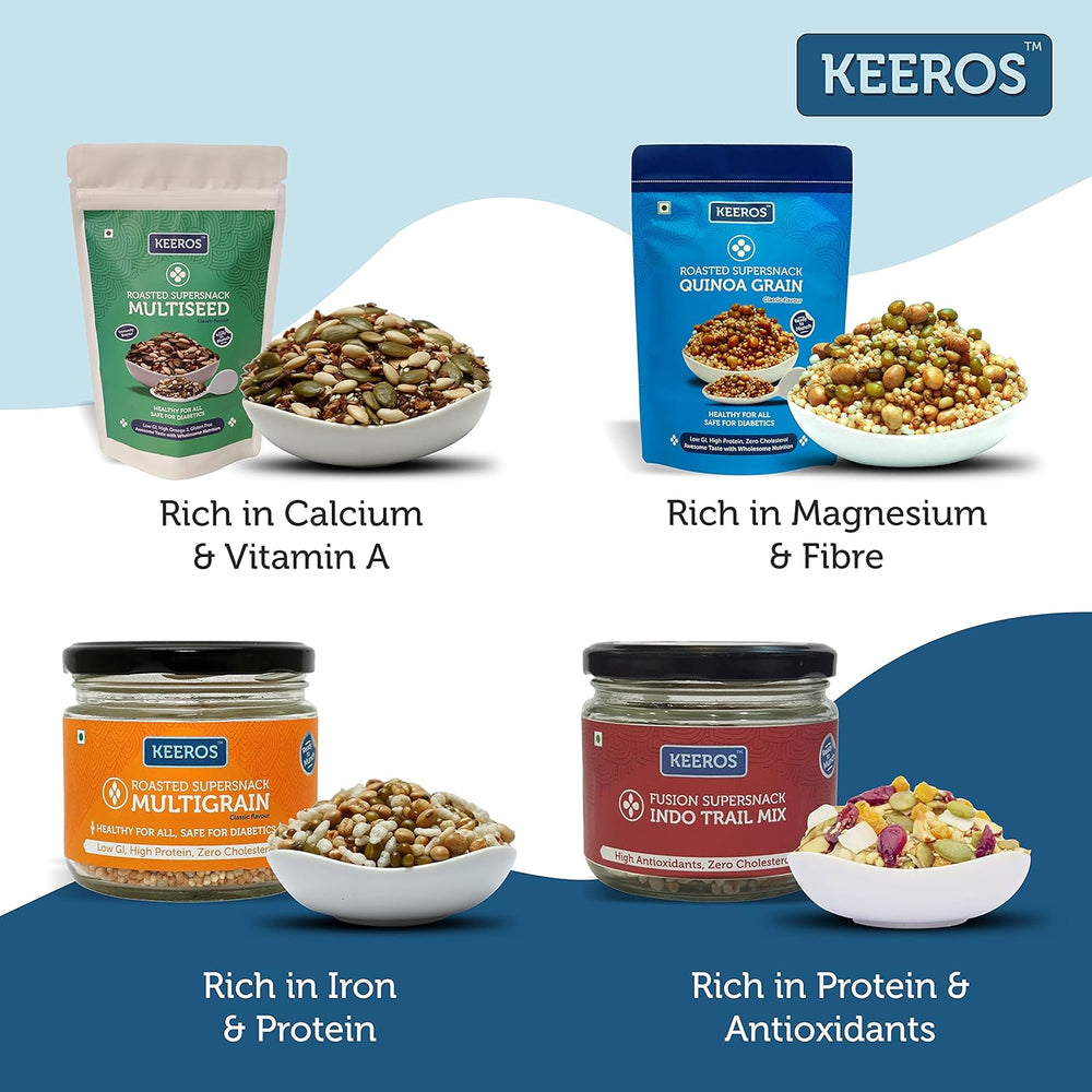 
                  
                    Load image into Gallery viewer, Keeros Healthy Snacks Gift for Holi with Card : Combo of Sweet &amp;amp; Salted, Tasty &amp;amp; Nutritious Roasted Super Snacks in Beautiful Premium Gift Box | Combo of 4 Healthy Super Snacks
                  
                