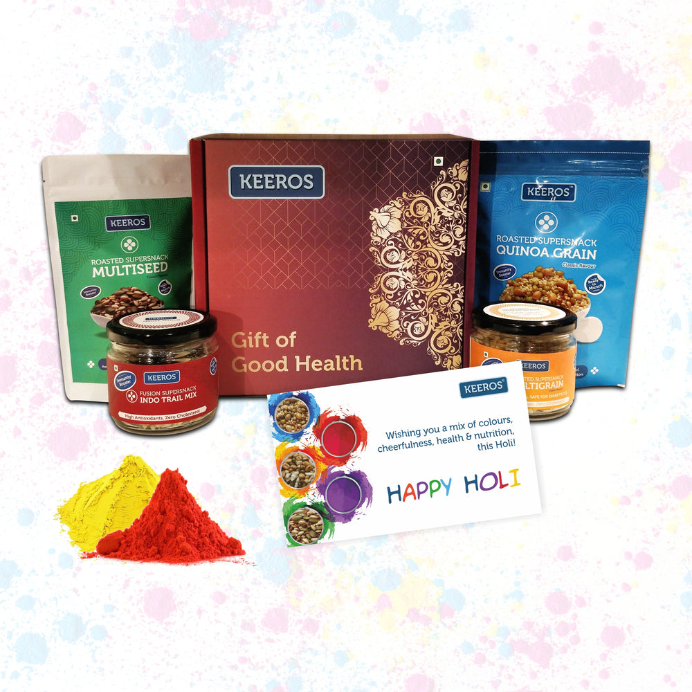 Keeros Healthy Holi Snacks Gift Hamper: Combo of Sweet & Salted, Tasty & Nutritious Roasted Super Snacks in Beautiful Premium Gift Pack | Combo of 4 Healthy Super Snacks with Holi Card & Gullal