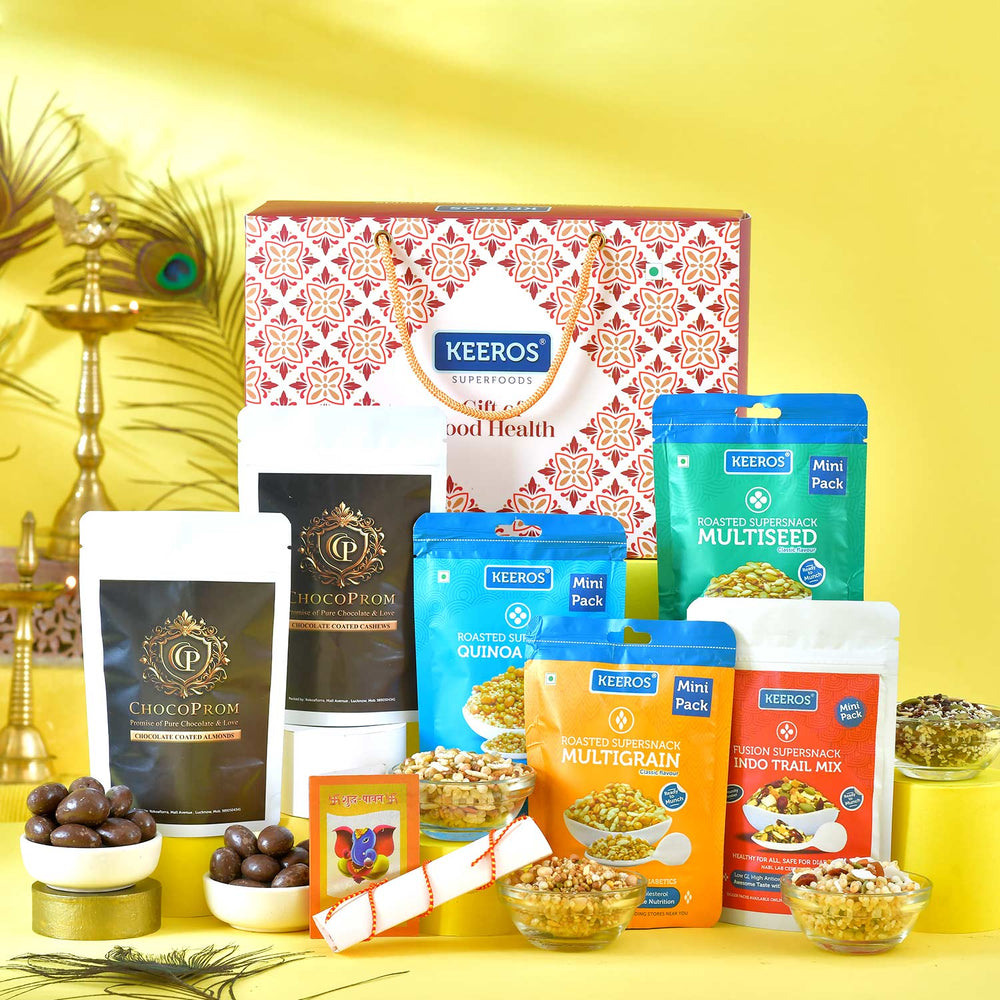 Keeros Bhai Dooj Gift Hamper with Roli Moli Chandan Tikka Chawal Mishri I Gift Hamper with Chocolate-Coated Almonds & Cashews, Tasty & Crunchy Supersnacks | Nutritious Superfoods in a beautiful Gift Box | Ideal for Healthy Snacking