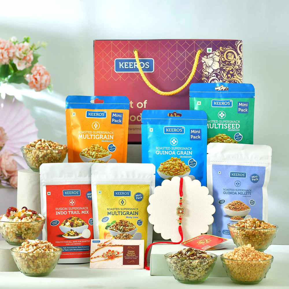 Keeros Healthy Rakshabandhan Gift Hamper with Rakhi Roli Chandan Tikka Chawal Mishri Pack : Combo of Sweet & Salted, Tasty & Nutritious Snacks in a Classy Premium Gift Box | 6 Varieties of Healthy Snack Pouches of 33g to 50g