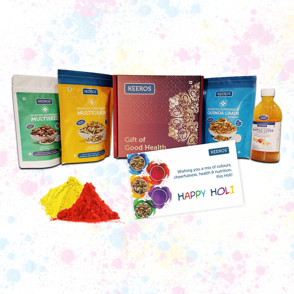 Keeros Healthy Holi Gift Hamper with Card : Combo of Sweet & Salted, Tasty & Nutritious Snacks & Health Drink in a Premium Gift Box | Combo of 3 Supersnacks & Apple Cider Vinegar