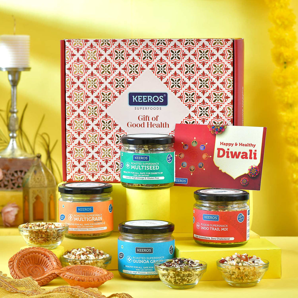 Keeros Healthy Gift Hamper for Diwali with Wishes Card: Variety of Sweet & Salted, Tasty & Nutritious Super Snacks in Beautiful Gift Box | Healthy Premium Gift Hamper for Diwali