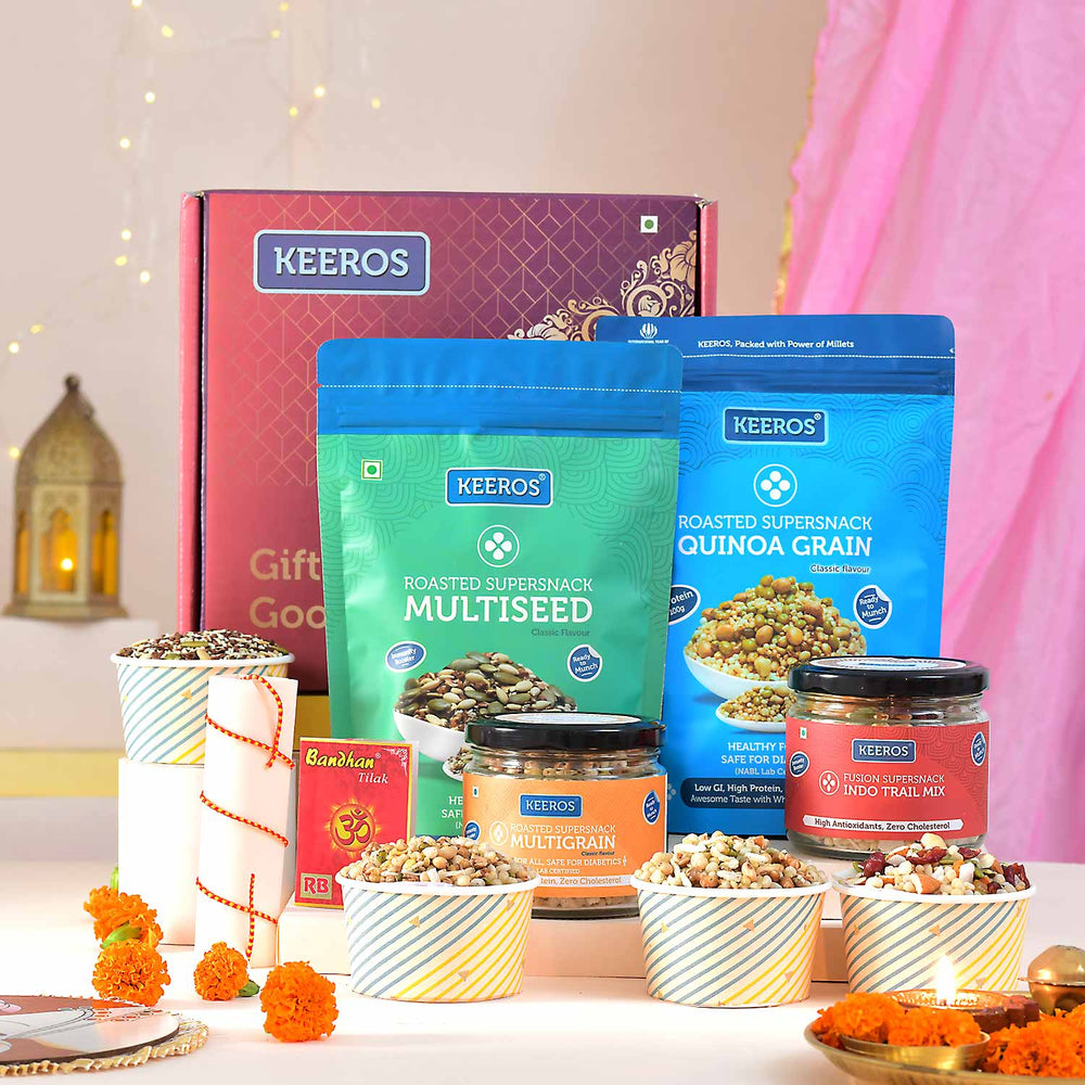 Keeros Healthy Bhai Dooj Snacks Gift Box for Brother with Roli Moli Chandan Tikka Chawal Mishri Pack | Combo of Sweet & Salted, Tasty & Nutritious Roasted Super Snacks in Beautiful Premium Gift Pack | Combo of 4 Healthy Super Snacks