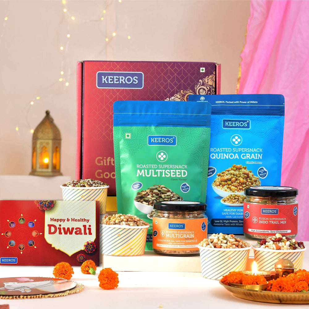 Keeros Healthy Snacks Gift for Diwali with Wishes Card | Combo of Sweet & Salted, Tasty & Nutritious Roasted Super Snacks in Beautiful Premium Gift Pack | Combo of 4 Healthy Super Snacks