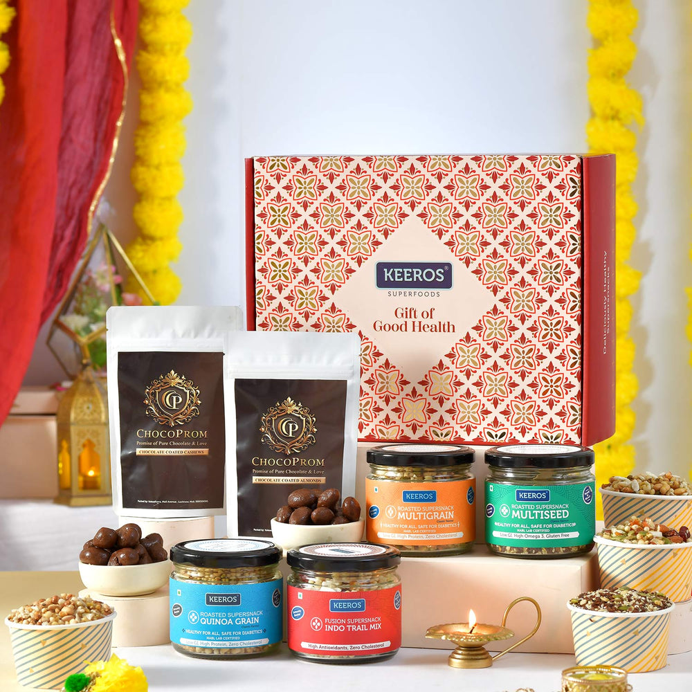 Healthy Diwali Customized Gift Hamper | Combo of Sweet & Salted, Tasty & Nutritious Snacks Jars & Chocolate Coated Nuts Packs with Brass Diyas in a Premium Gift Pack for Diwali