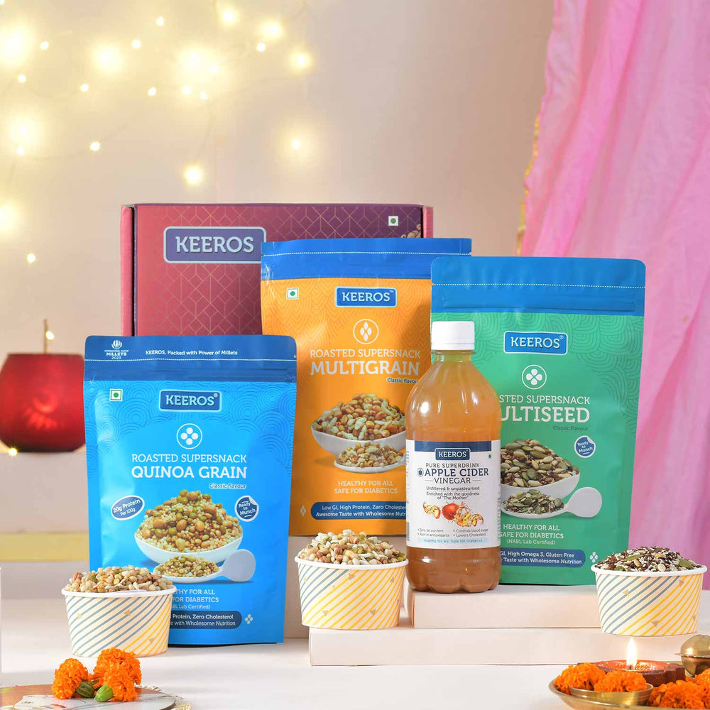 Keeros Healthy Rakhi Gift Hamper for Your Brother with Tikka Pack : Combo of Sweet & Salted, Tasty & Nutritious Roasted Super Snacks & Health Drink in Premium Gift Box | Combo of 3 Super Snacks & Apple Cider