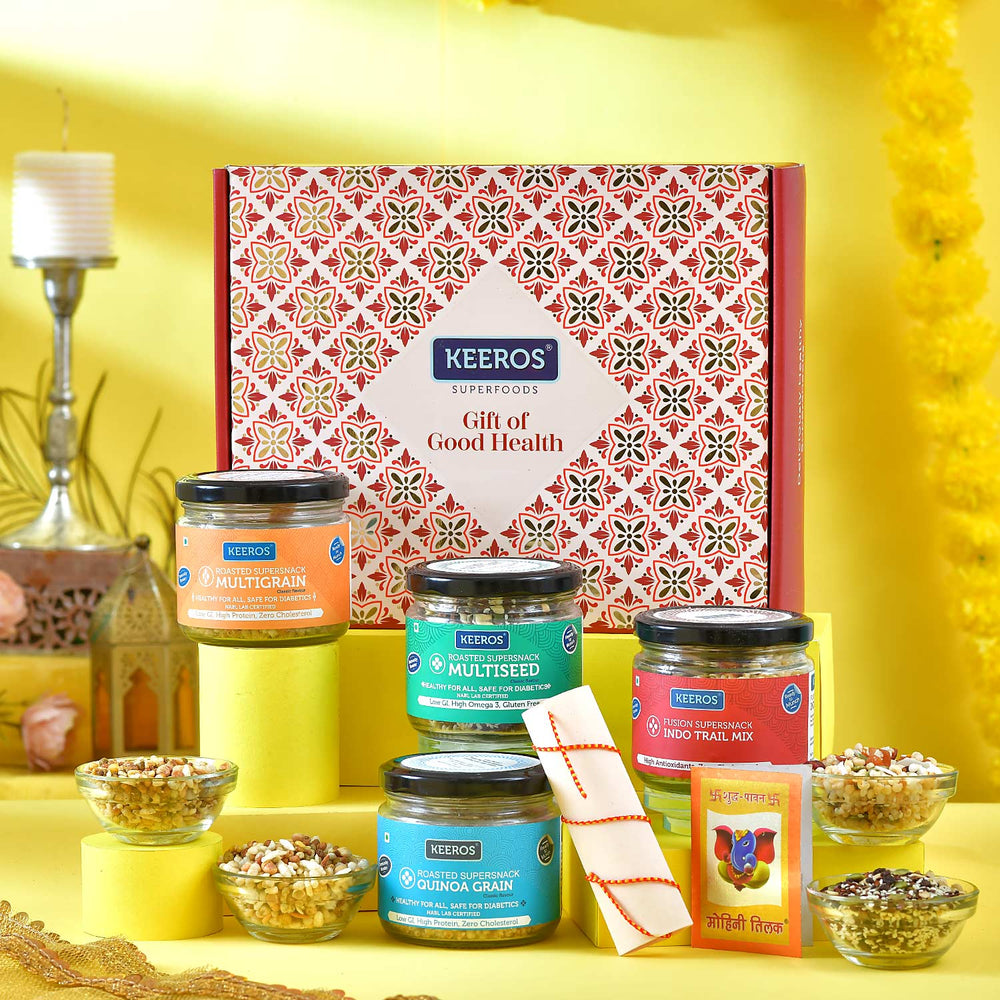 Keeros Healthy Bhai Dooj Gift Hamper for Brother with Rakhi Roli Chandan Tikka Chawal Mishri Pack | Combo of Sweet & Salted, Tasty & Nutritious Super Snacks in Glass Jars Packed in a Beautiful Gift Hamper