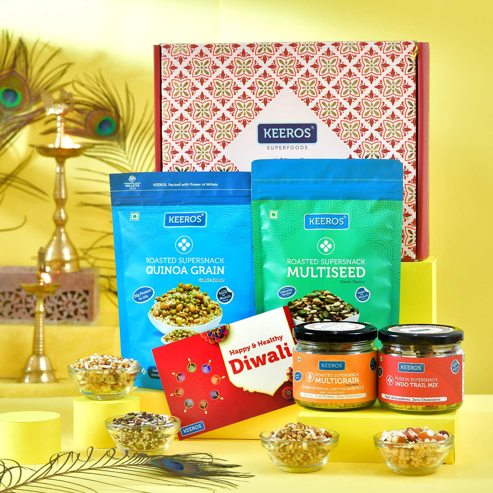 Keeros Healthy Snacks Gift for Diwali with Wishes Card | Combo of Sweet & Salted, Tasty & Nutritious Roasted Super Snacks in Beautiful Premium Gift Pack | Combo of 4 Healthy Super Snacks