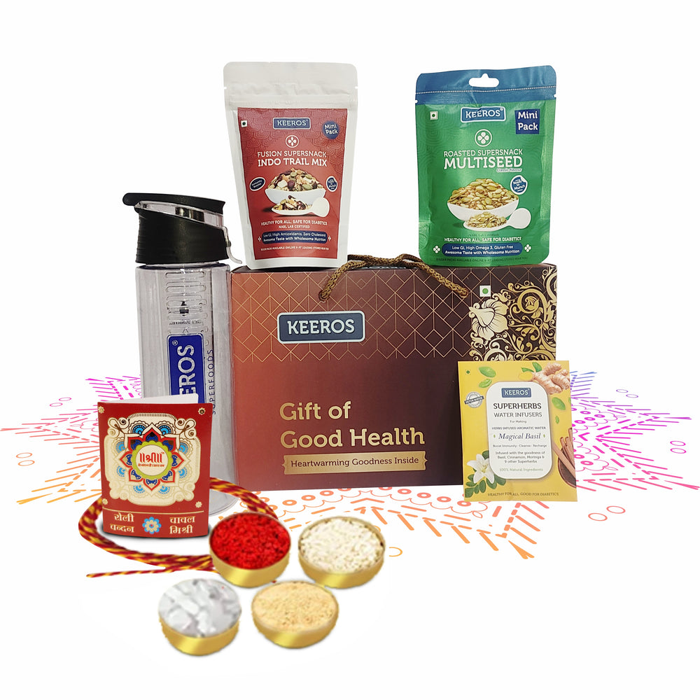 
                  
                    Load image into Gallery viewer, Keeros Healthy Bhai Dooj Gift Items: Detox Water Bottle and Superherbs Infuser Bundle with Indo Trailmix Snacks| Perfect Bhai Dooj Gifts for Friends &amp;amp; Family in a Premium Box (Dbottle+SHW4+2 Sweet MP)
                  
                