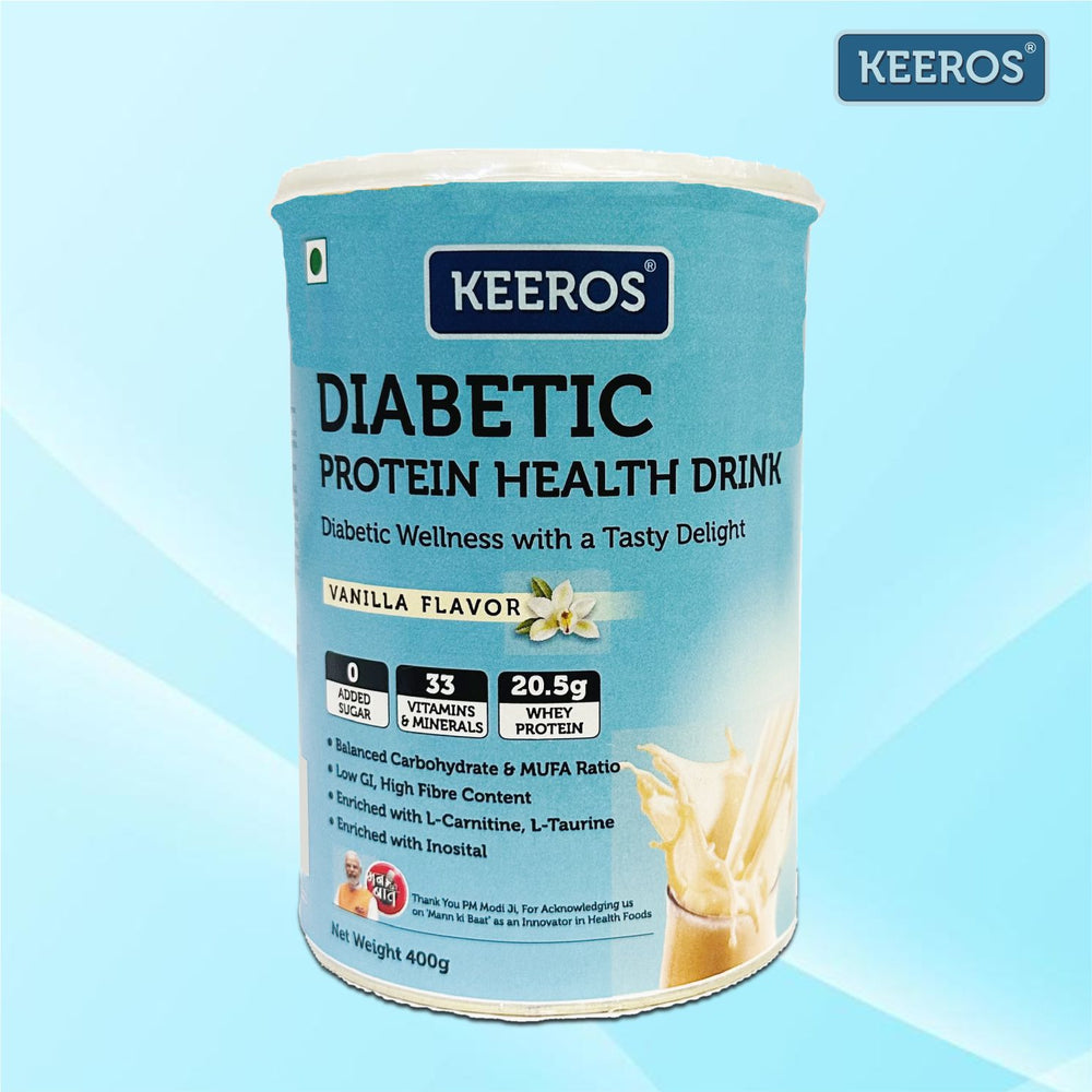 Keeros Diabetic Protein Health Drink 400g - Vanilla Flavor | Diabetic Friendly, High Fiber, Balanced Carbohydrate & MUFA | General Health Benefits with DHA | Nutrient-Rich Supplement for Overall Wellness