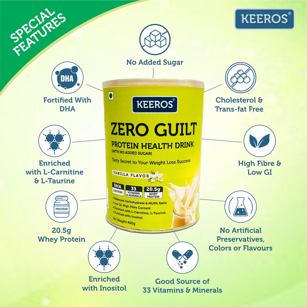 
                  
                    Load image into Gallery viewer, Keeros Zero Guilt Protein Health Drink 400g - Vanilla Flavor | Weight Loss Support with 20.5g Whey Protein, DHA, L-Carnitine, L-Taurine, Inositol | No Added Sugar, High Fiber &amp;amp; Low GI | Cholesterol &amp;amp; Trans-fat Free | Fortified with 33 Vitamins &amp;amp; Minerals
                  
                