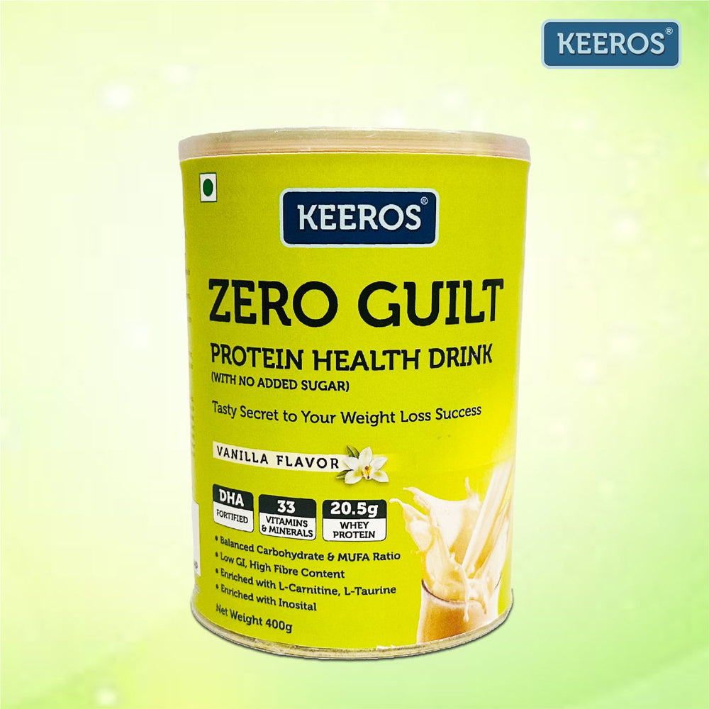 Keeros Zero Guilt Protein Health Drink 400g - Vanilla Flavor | Weight Loss Support with 20.5g Whey Protein, DHA, L-Carnitine, L-Taurine, Inositol | No Added Sugar, High Fiber & Low GI | Cholesterol & Trans-fat Free | Fortified with 33 Vitamins & Minerals
