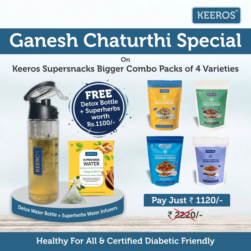 Ganesh Chaturthi Special Offer on Keeros Healthy & Diabetic Friendly Super Snacks Bigger Combo Packs of 4 Varieties & Get FREE Detox Water Bottle with Superherbs Water Infusers