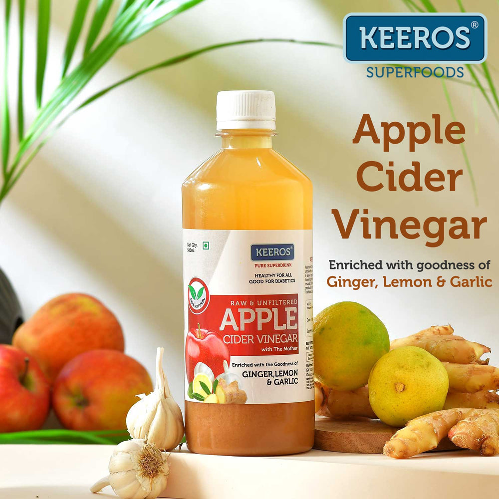 Keeros Apple Cider Vinegar for Diabetics & Weight Watchers | Infused with Ginger, Lemon & Garlic | 100% Natural, Pure, Raw, Unfiltered with Mother Vinegar | No Added Sugar