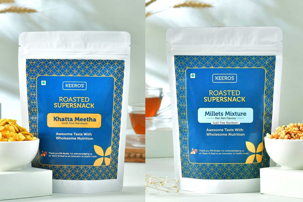 Keeros Combo of Tangy & Crunchy Supergrain Mix Roasted Khatta Meetha & Peri Peri Flavoured Millets Mixture Namkeen | Diabetic-Friendly, Guilt-Free Snack | High-Fibre | Pack of 2x400g each